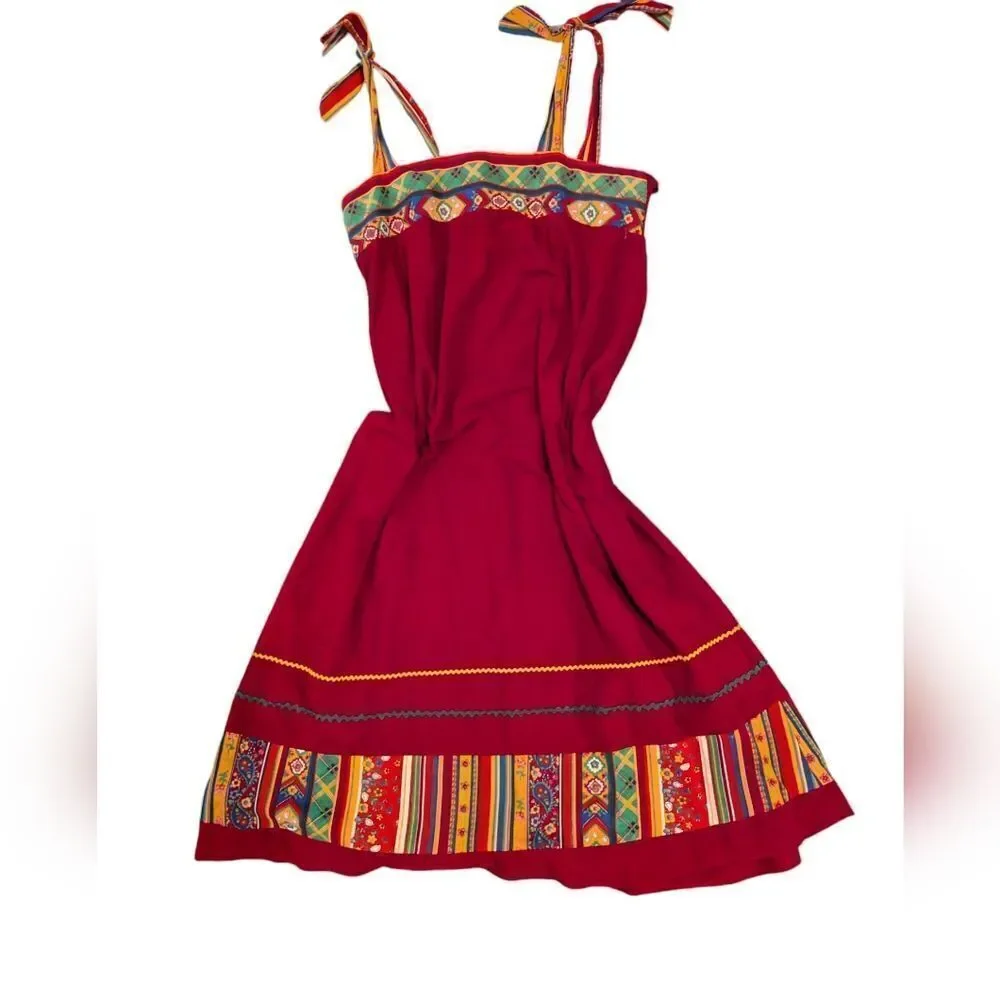 Boho 70s vintage patchwork red floral striped dress women's size large - Picture 3 of 11